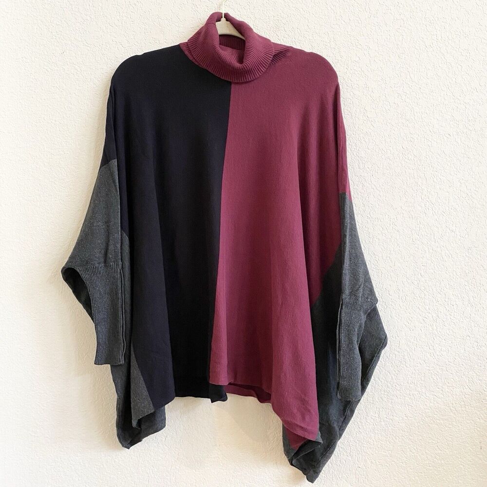 Alfani Womens Black Burgundy Gray Colorblock‎ Turtleneck Poncho Sweater XS